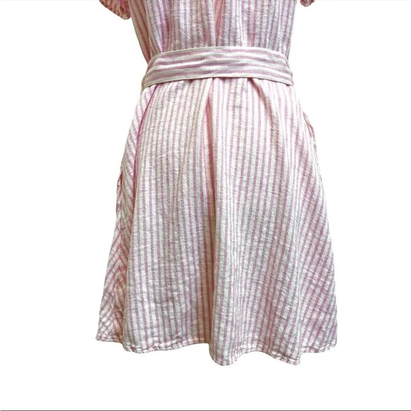 Alexis x Target Linen Blend Pink White Stripe Belted Button Mini Dress - Picture 8 of 12